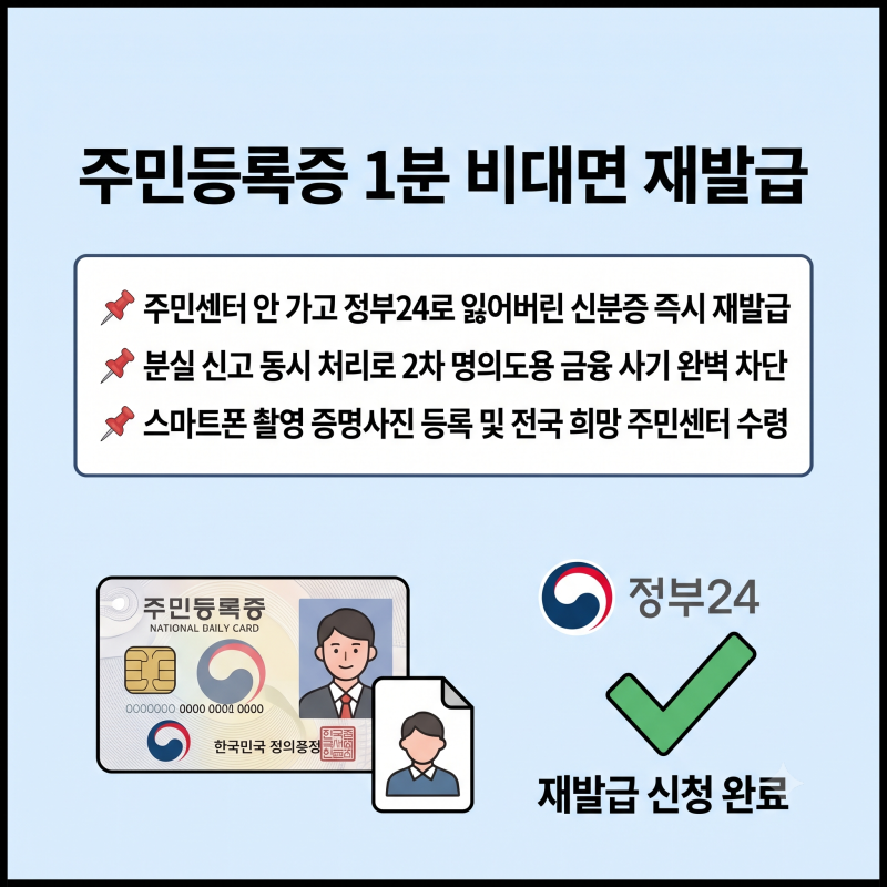 주민등록증 재발급 인터넷 신청 방법 분실 신고 및 정부24 사진 규격 수수료 총정리