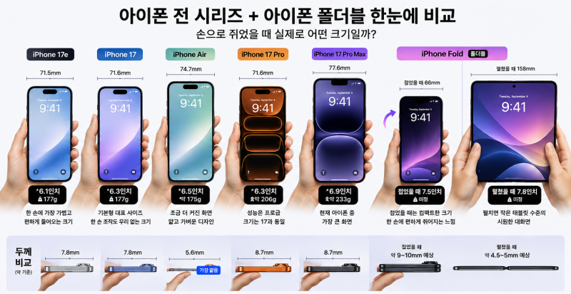 아이폰 폴더블 출시일과 예상 스펙 총정리｜아이폰 전 시리즈부터 갤럭시 Z 폴드8까지 비교
