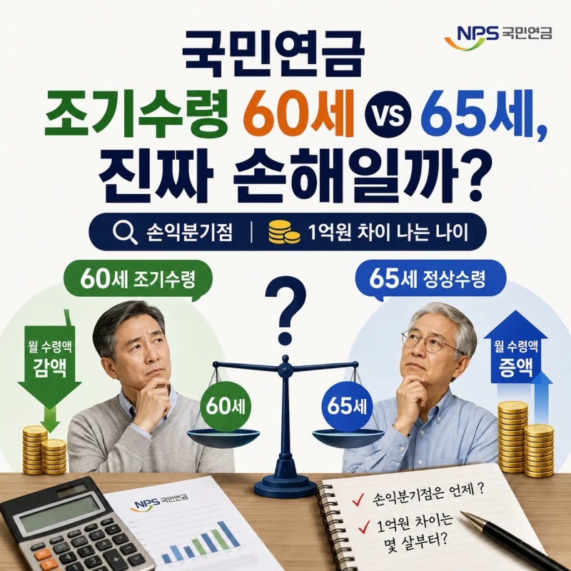 국민연금 조기수령 60 세 vs 65 세, 진짜 손해일까? (손익분기점·1 억 원 차이 나이)