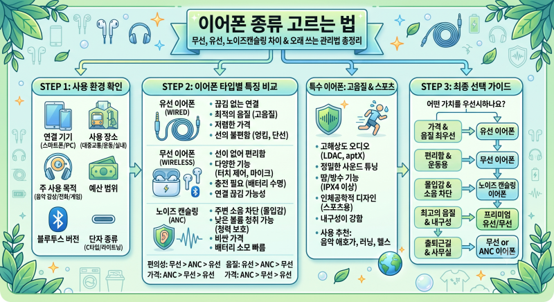 이어폰 종류 고르는 법, 무선 유선 노이즈캔슬링 차이부터 오래 쓰는 관리법까지 총정리