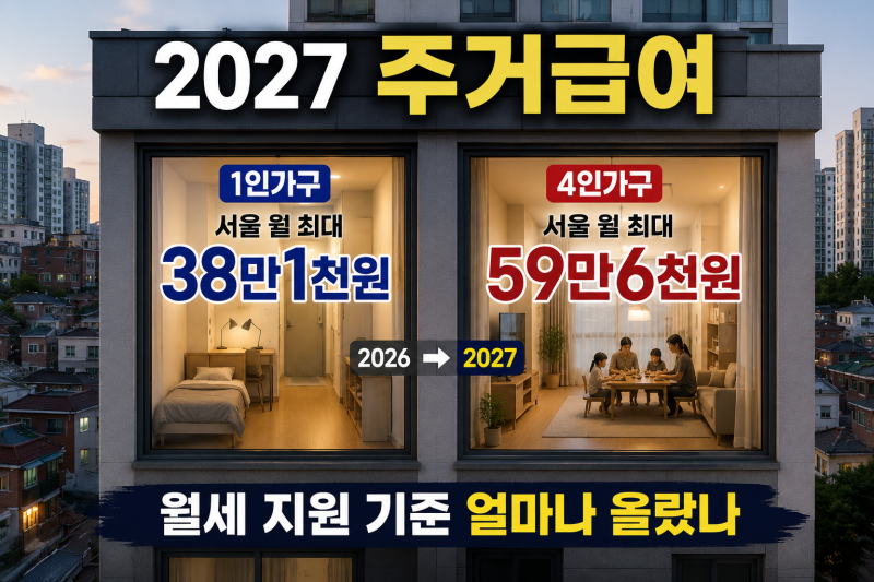 2027 주거급여 금액 서울 1인가구 월 38만1천원 4인가구 59만6천원 조건 총정리