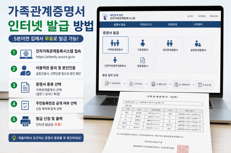 가족관계증명서 인터넷 발급 방법. 집에서 무료로 발급받는 방법