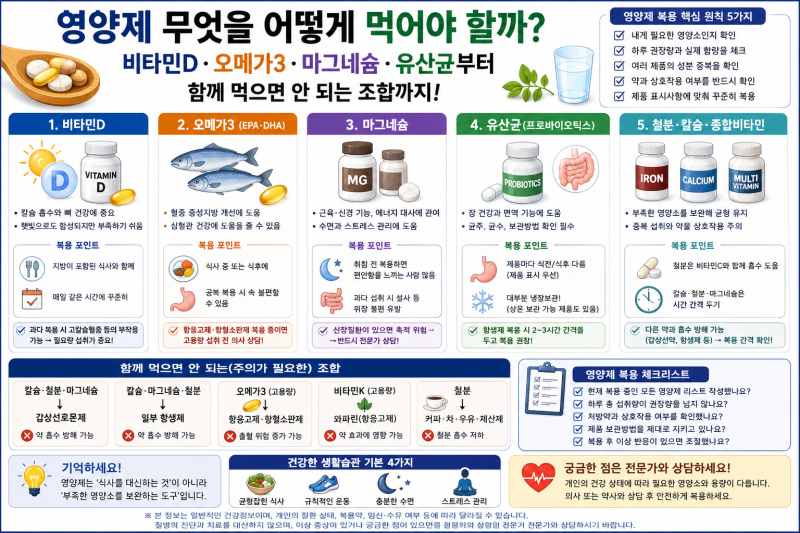 영양제 무엇을 어떻게 먹어야 할까? 비타민D·오메가3·마그네슘·유산균부터 함께 먹으면 안 ....