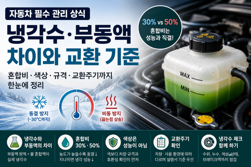 자동차 냉각수·부동액 차이, 30%·50% 혼합비와 색상·교환 기준 정리