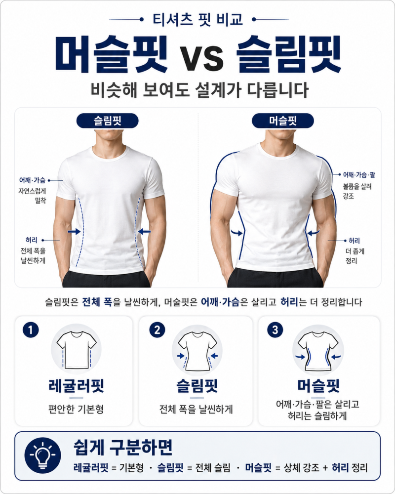 머슬핏 뜻 완벽 정리｜일반 티셔츠·슬림핏 차이와 체형별 사이즈 고르는 법
