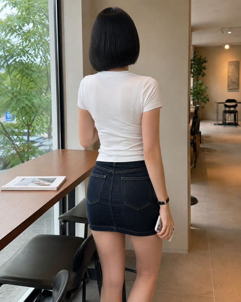 화이트 슬림핏 반팔 티셔츠와 연청 데님 미니스커트 OOTD｜가볍게 입는 8월 데일리룩