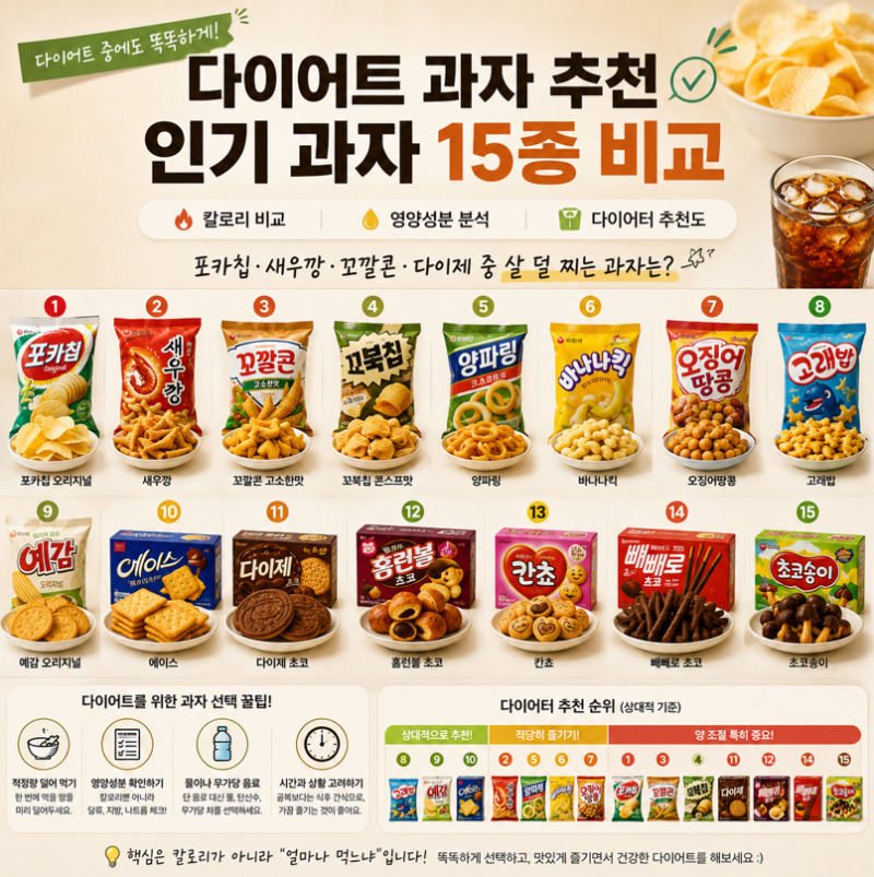 다이어트 과자 추천｜포카칩·새우깡·꼬깔콘·다이제 중 살 덜 찌는 과자는? 인기 과자 15종 ....