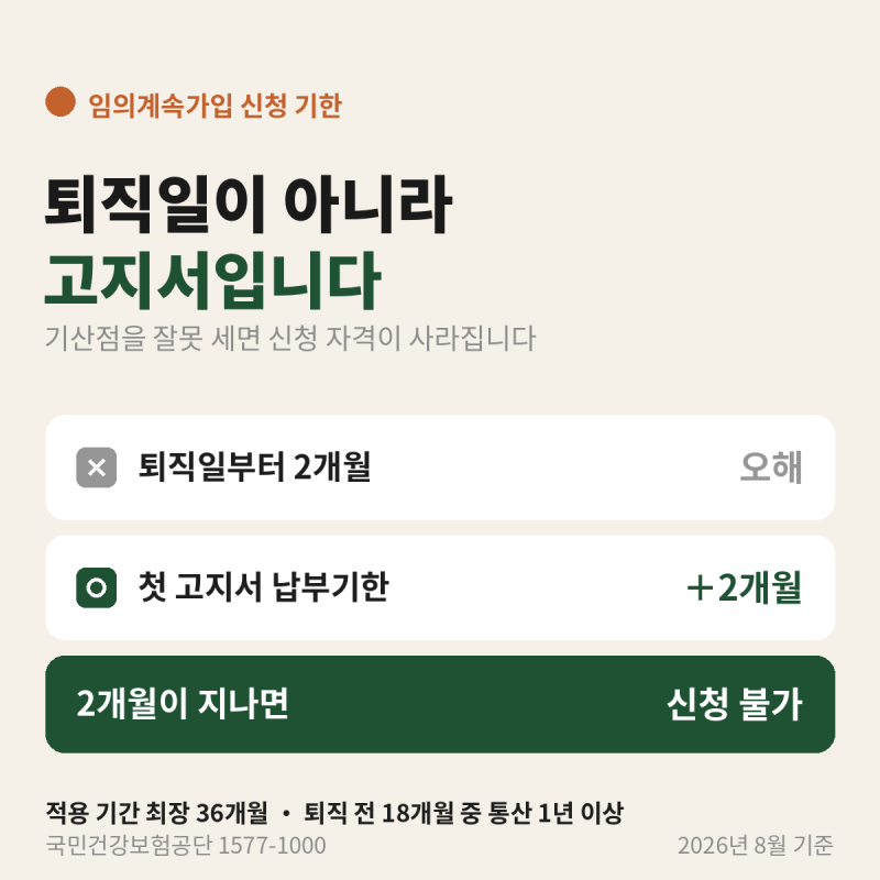 건강보험 임의계속가입 신청 기한 — ’퇴직일부터’가 아닙니다