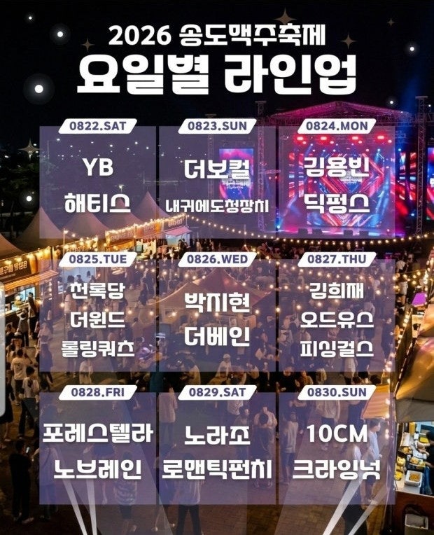 2026 송도맥주축제 8월30일까지｜라인업·입장료·주차·불꽃놀이 총정리