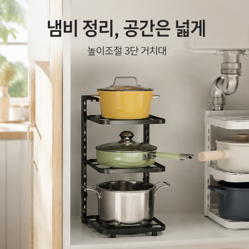 높이조절 냄비정리대 3단, 후라이팬 겹쳐 쌓지 않는 주방 수납법