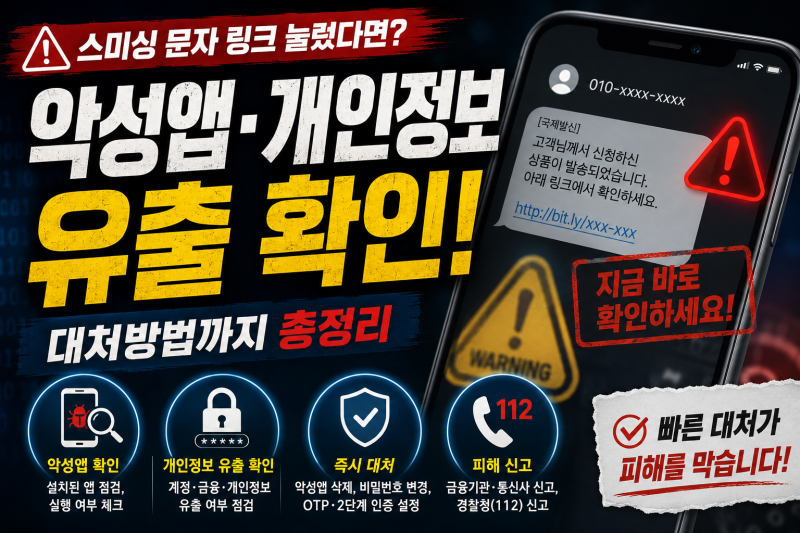 스미싱 문자 링크 눌렀다면? 악성앱·개인정보 유출 확인부터 대처방법까지