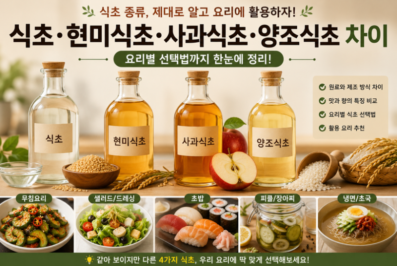 식초·현미식초·사과식초·양조식초 차이｜무침·초밥·피클 요리별 어떤 식초가 좋을까?(현....