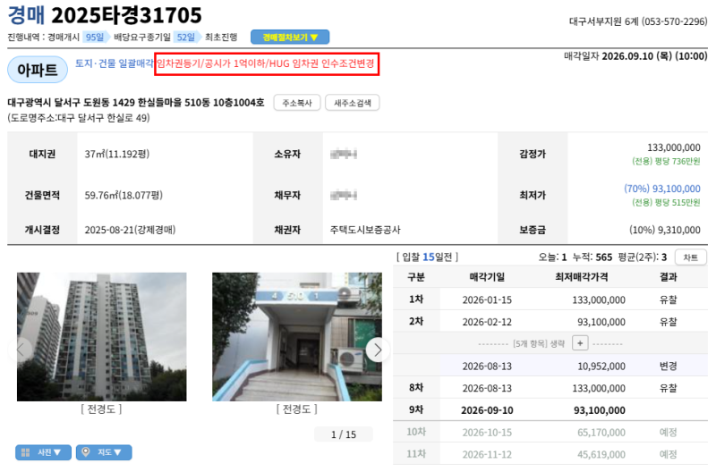 대구 달서구 한실들마을 아파트 경매, 1억 3,300만원이 9,310만원부터? 2025타경31705 사진 9
