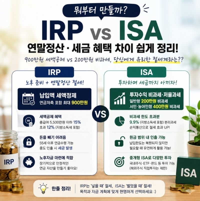 IRP와 ISA 뭐부터 만들까? 연말정산·세금 혜택 차이 쉽게 정리