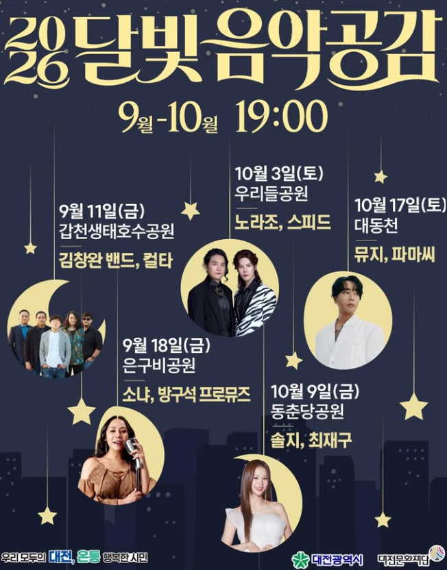 [대전 가볼만한곳] 2026 달빛음악공감 5개 구 무료 순회공연 총정리 (일정, 김창완밴드·노라조....