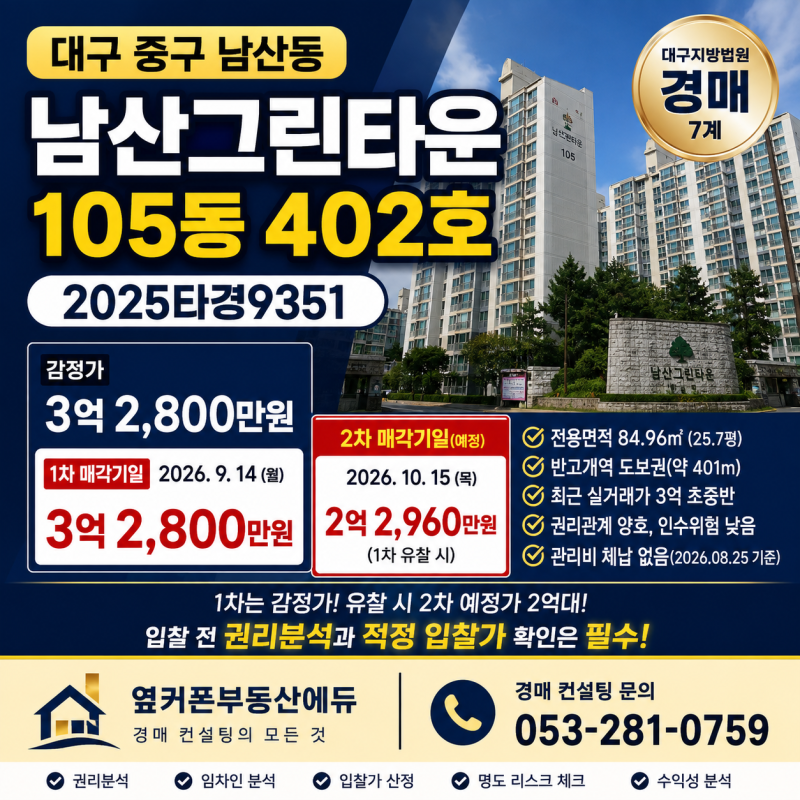 대구 중구 남산그린타운 경매 2025타경9351 3억2,800만원, 2차는 2억2,960만원 예정 사진 2