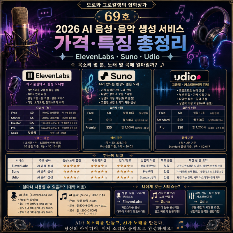 [️ 2026 AI 음성·음악 생성 서비스 가격·특징 총정리] ElevenLabs·Suno·Udio — 목소리 몇 분, 노래....