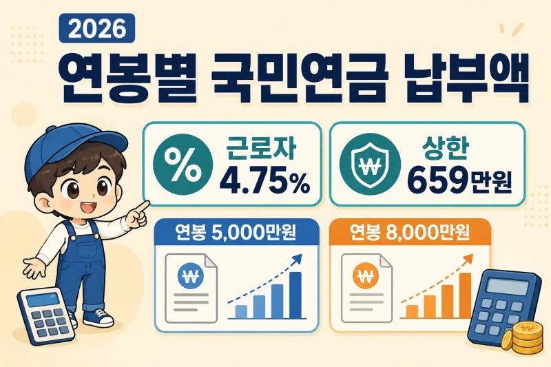 연봉별 국민연금 납부액 계산, 2026년 9.5%·상한 659만원 적용 기준