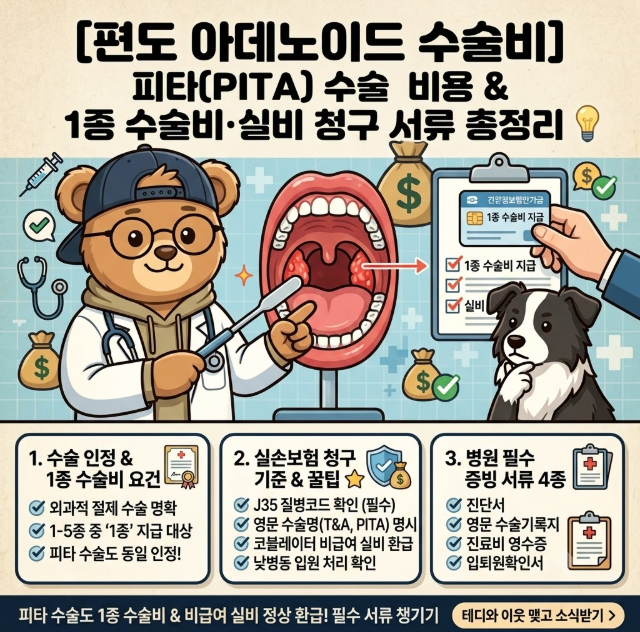 [편도 아데노이드 수술비] 만성 편도염 피타(PITA) 수술비용 얼마? 1종 수술비 & 실비 청구 서류