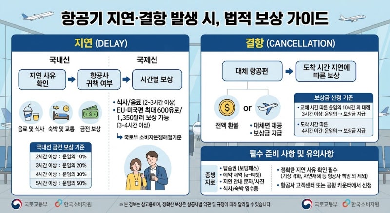 항공기 지연 결항 발생시 받을수있는 법적 보상기준과 대처방법