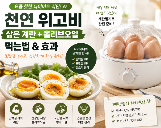 천연 위고비 식단이 뭐길래? 삶은 계란+올리브오일 먹는법부터 계란찜기 활용까지(천연 위고....