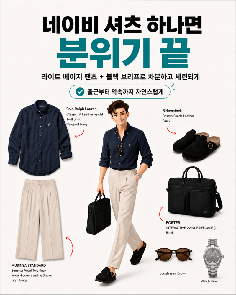 늦여름 남자 하객룩, 폴로랄프로렌 네이비 셔츠와 베이지 슬랙스 코디