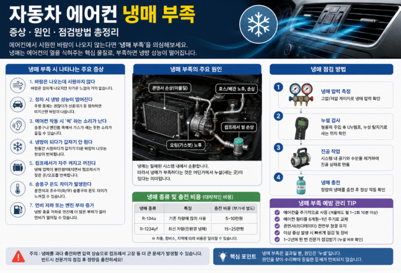 자동차 에어컨 냉매 부족 증상｜에어컨 안 시원할 때 원인과 점검방법