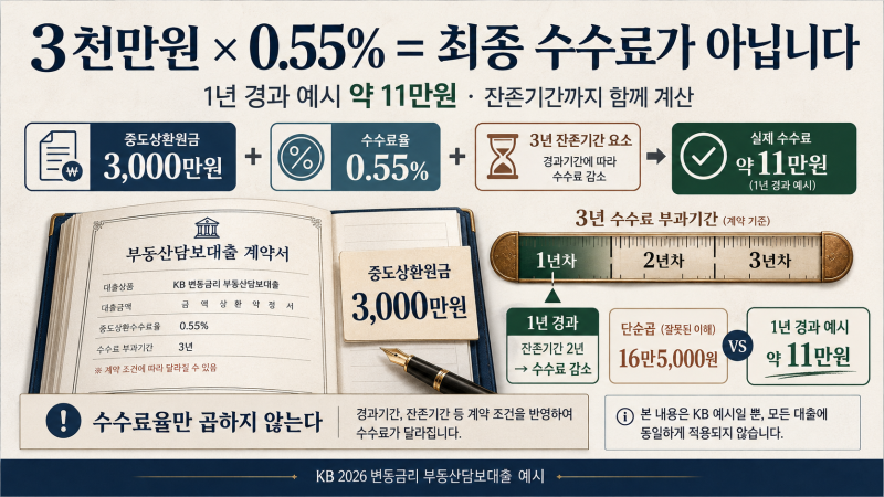 주담대 중도상환수수료 계산｜3천만원 1년 뒤 갚으면 11만원? KB 0.55% 예시