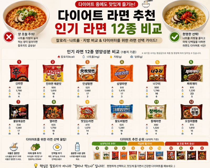 다이어트 라면 추천｜신라면·진라면·너구리·짜파게티·불닭 등 인기 라면 15종 칼로리 비교....