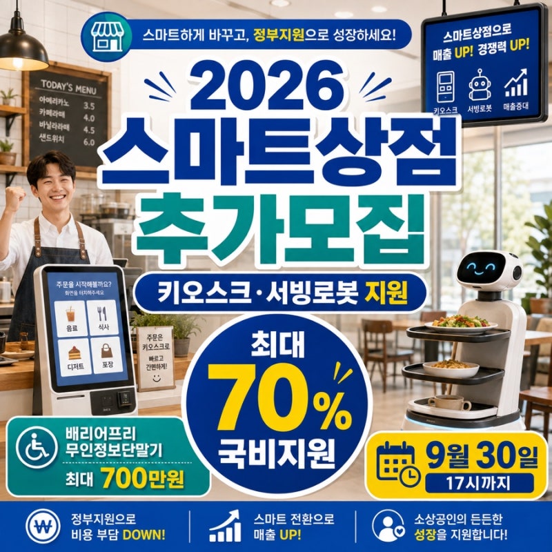 2026 소상공인 스마트상점 추가모집｜키오스크 지원금·서빙로봇 지원 최대 70%