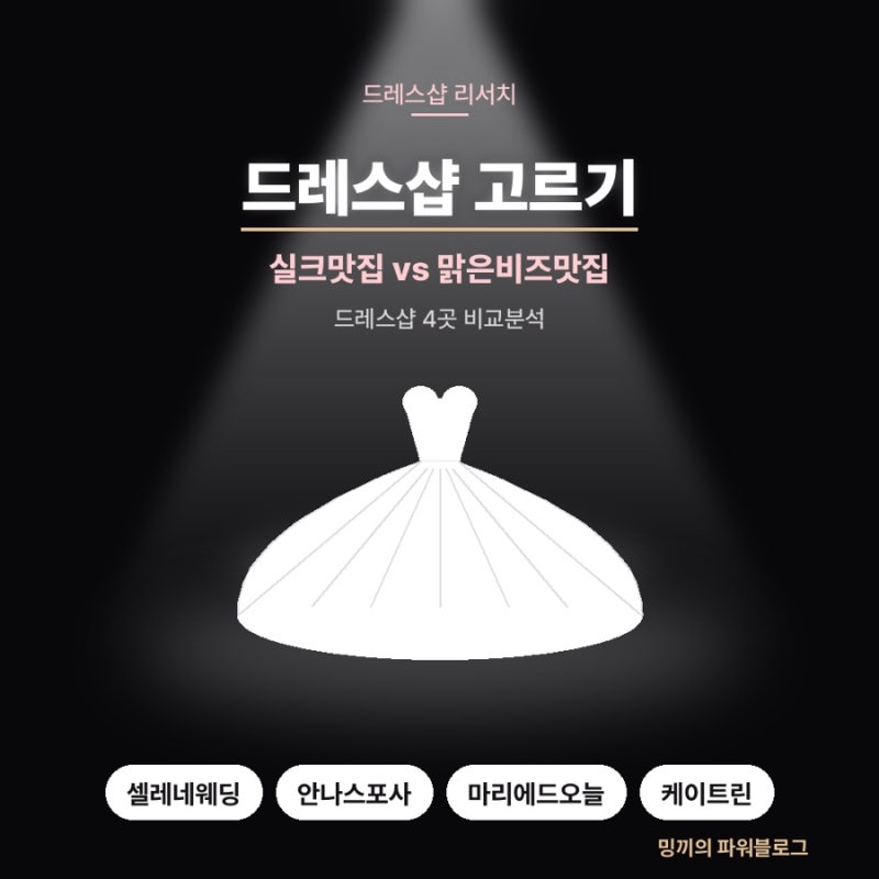 [웨딩드레스샵 분석] 샵 4곳 비교분석, 셀레네웨딩·안나스포사·마리에드오늘·케이트린