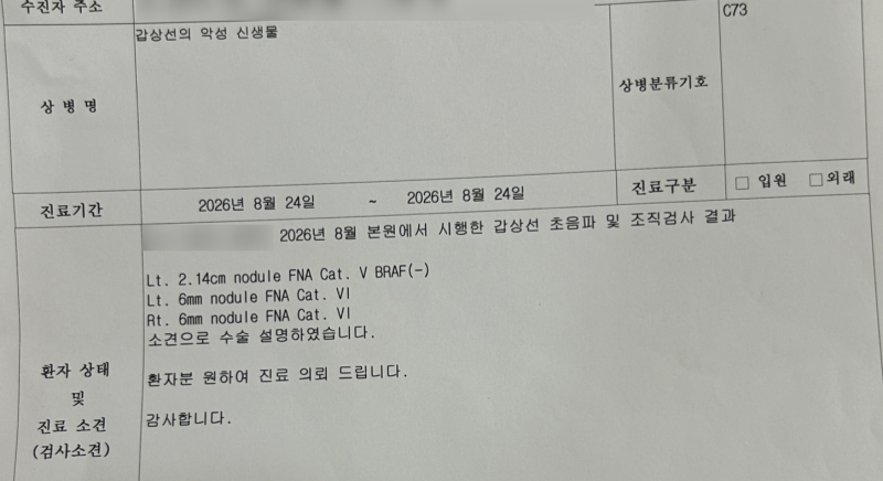 갑상선 세침검사 결과, 베데스다(Bethesda) 1~6단계, 세침검사와 조직검사 차이, 동결절편검사 BR....