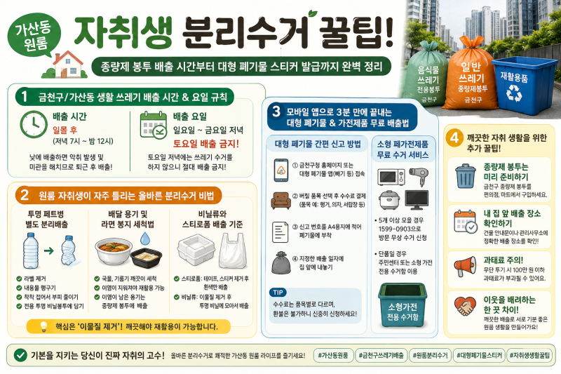 가산동 원룸 자취생 분리수거 꿀팁! 종량제 봉투 배출 시간부터 대형 폐기물 스티커 발급까....