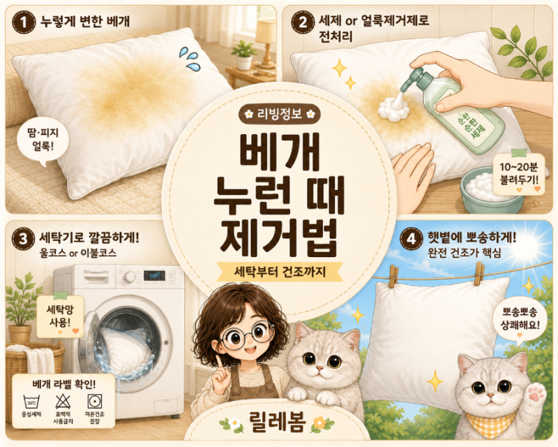 [리빙]베개 누런 때 제거 방법 땀자국 세탁법부터 건조까지