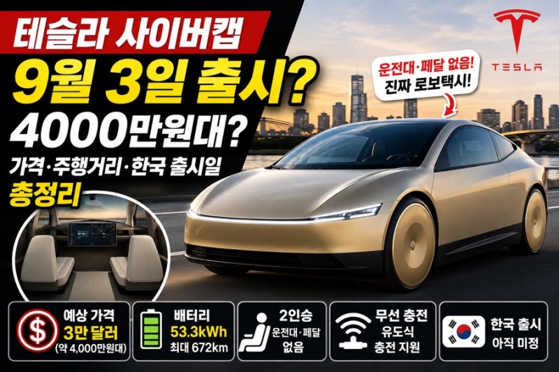 테슬라 사이버캡 9월 3일 출시? 4000만원대 가격 주행거리 한국 출시일 총정리
