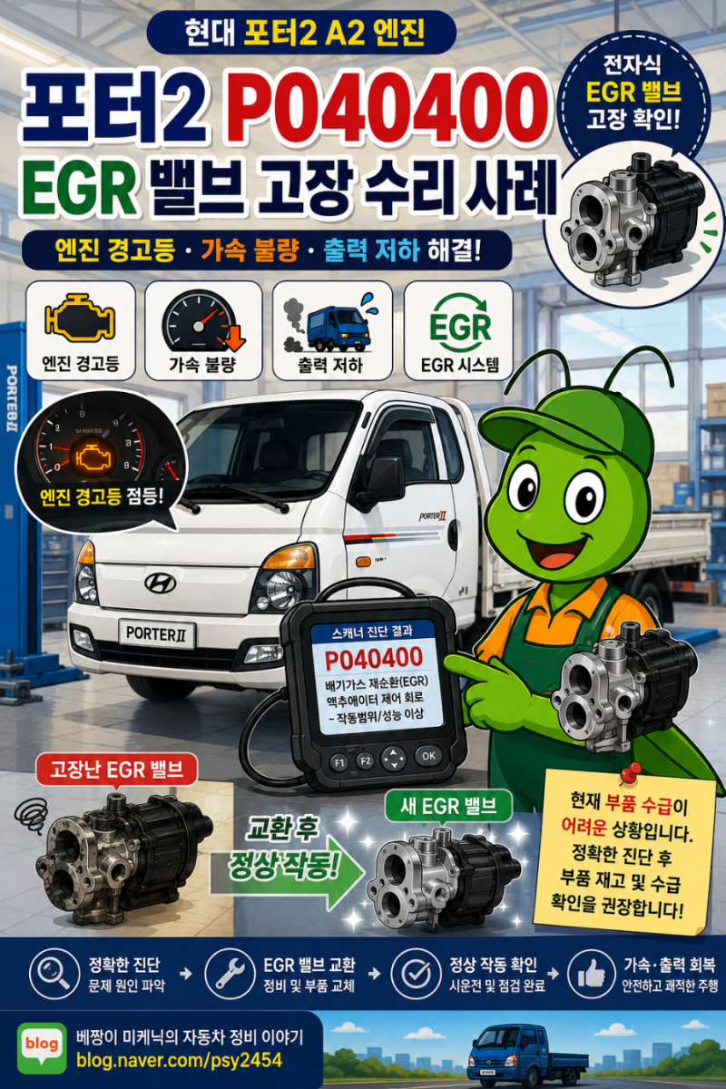 포터2 엔진경고등 점등 원인, 가속불량·출력저하 P040400 EGR 밸브 고장 수리