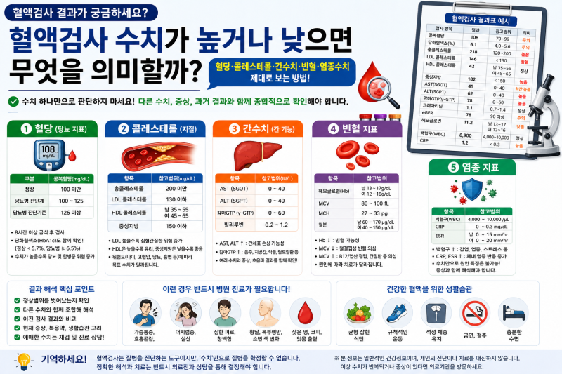 혈액검사 수치가 높거나 낮으면 무엇을 의미할까? 혈당·콜레스테롤·간수치·빈혈·염증수치....