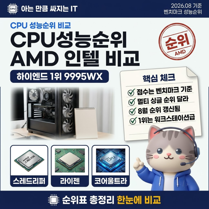 CPU성능순위 2026년 8월 AMD 인텔 상위권 비교