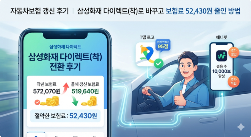 자동차보험 갱신 후기｜삼성화재 다이렉트(착)로 바꾸고 보험료 52,430원 줄인 방법