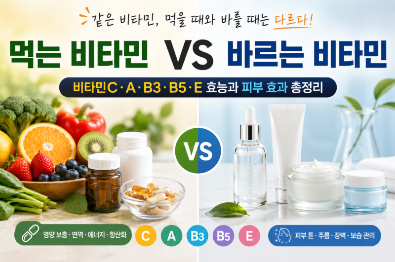 먹는 비타민 vs 바르는 비타민 차이｜비타민C·A·B3·B5·E 효능과 피부 효과 총정리(비타민C 효....