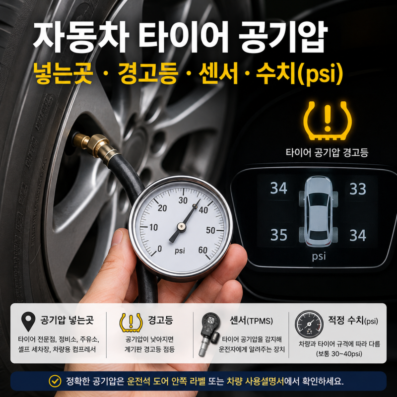 자동차 타이어 공기압 넣는곳·경고등·센서·적정량(psi) 총정리