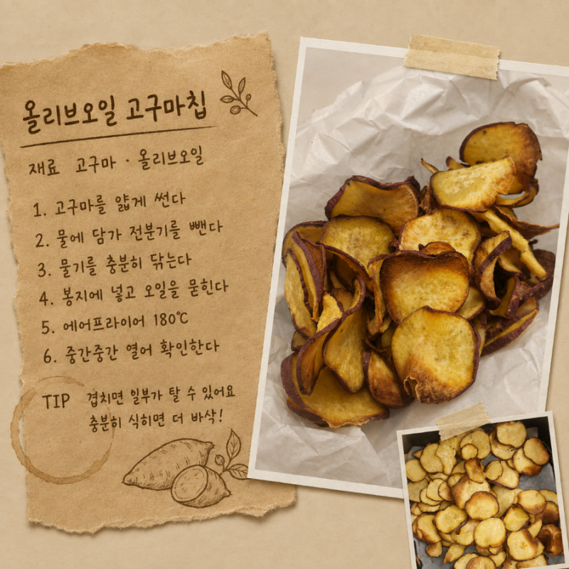 에어프라이어 고구마칩 만들기, 올리브오일 넣고 180도로 구워봤어요!