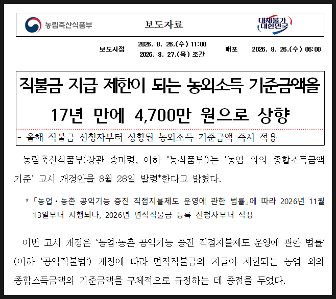 17년 묶인 농업인 소득기준 상향