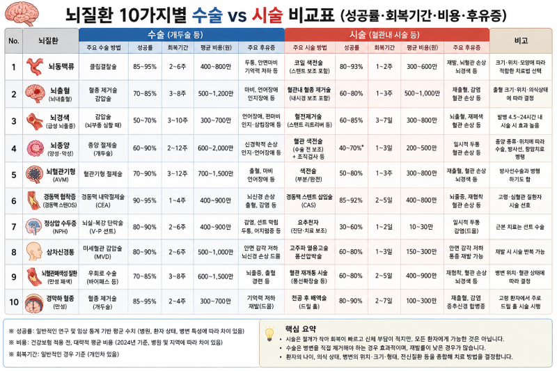 뇌질환 10가지별 수술 vs 시술, 성공률·회복기간·비용·후유증까지 비교