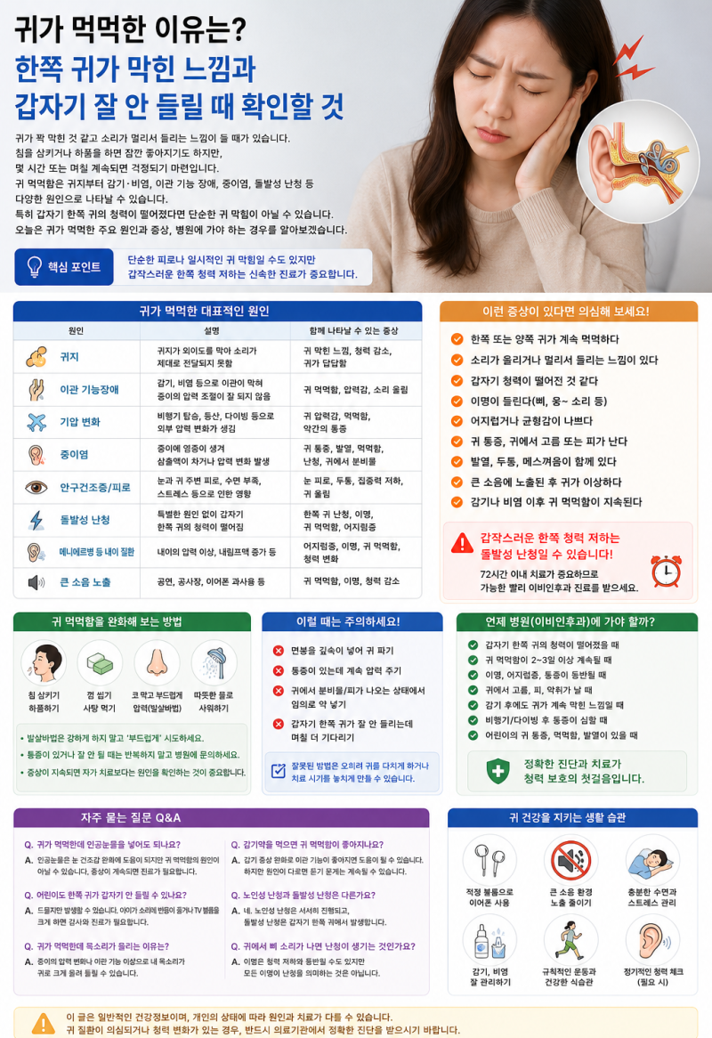 귀가 먹먹한 이유는? 한쪽 귀가 막힌 느낌과 갑자기 잘 안 들릴 때 확인할 것