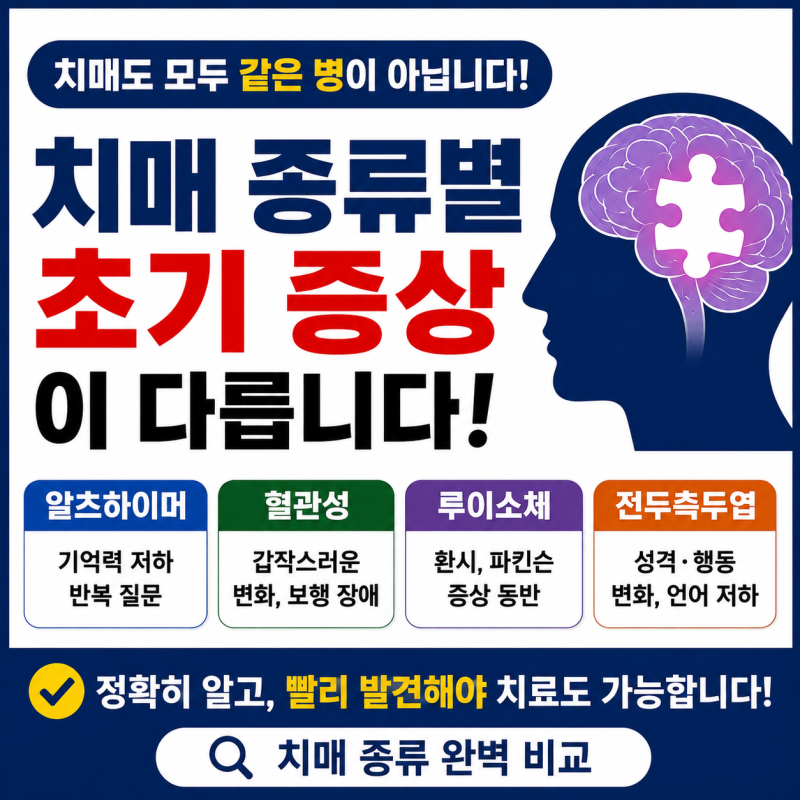 치매 종류 총정리｜알츠하이머·혈관성·루이소체·전두측두엽 치매 초기·중기 증상 비교