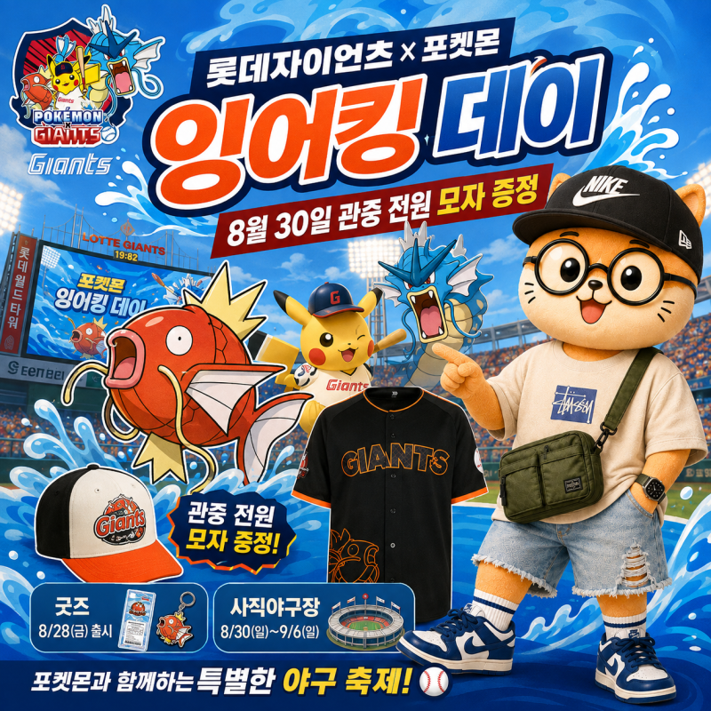 롯데자이언츠×포켓몬 잉어킹 데이! 8월 30일 관중 전원 모자 증정·굿즈 출시