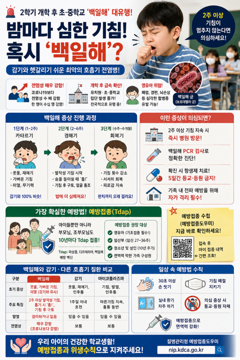 "우리 아이 기침이 열흘 넘게 멈추지 않나요?" 전염성 끝판왕 '백일해' 대유행 완벽 대처법