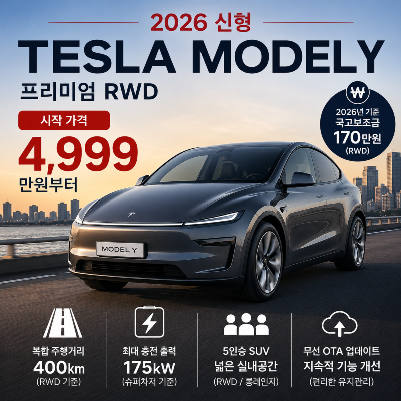 테슬라 모델Y 4,999만원부터…2026년형 가격·주행거리 다시 보니