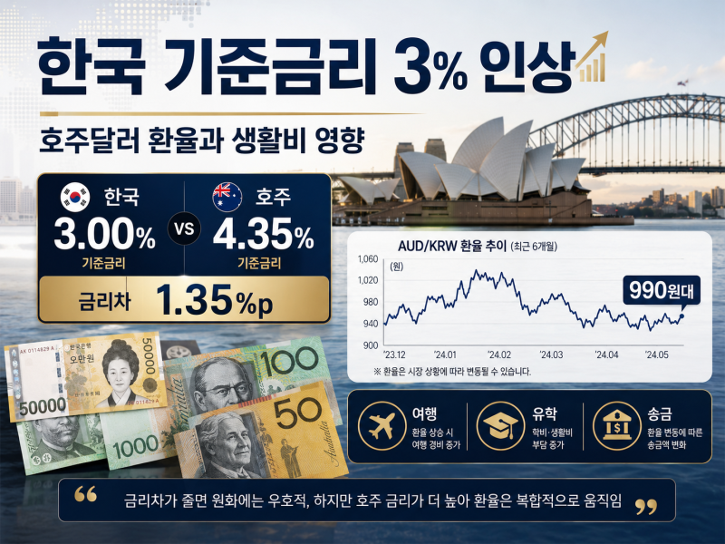 호주달러 990원대, 환율 10원 차이에 송금액 10만원이 달라진다 - 한국 기준금리 3% 인상의 영향
